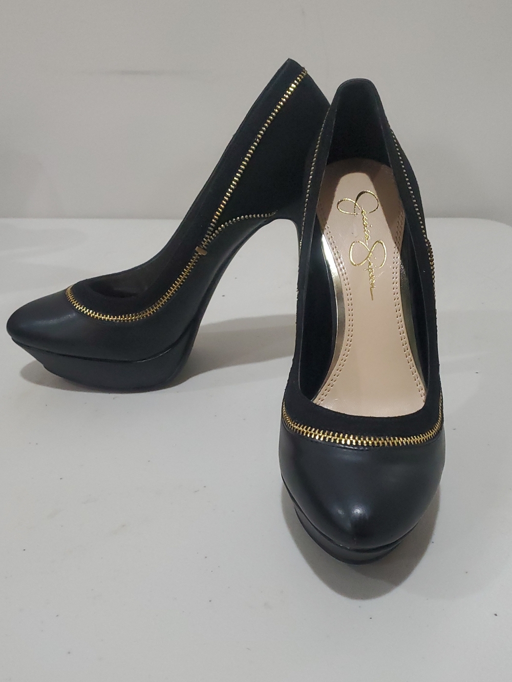 Jessica Simpson Black Heeled Platform Pumps with Gold Zip Trim